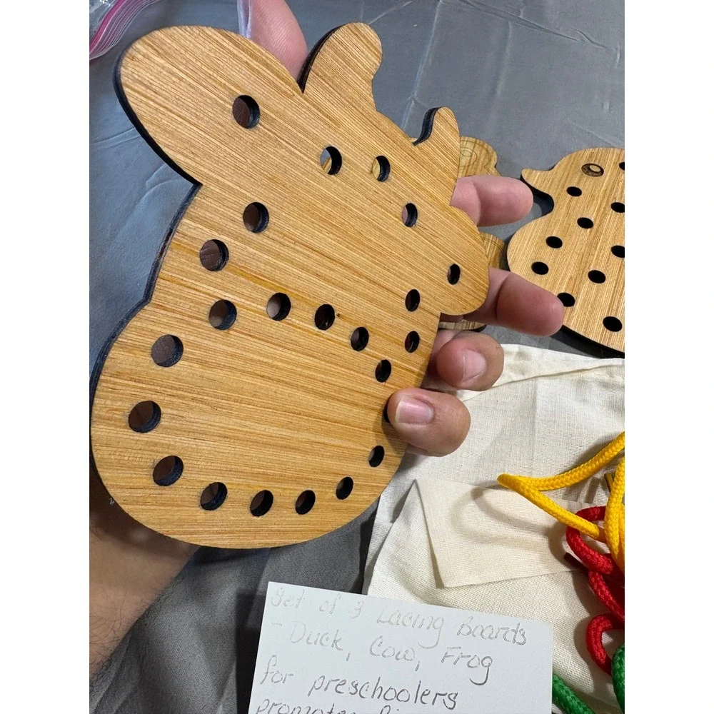 Set of 3 Wooden Lacing Boards Duck Cow Frog Montessori Fine Motor Skills Toy